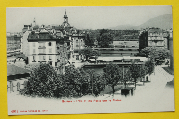 Ansichtskarte AK Genf / Insel / 1900 / Brücken – Straße – Häuser – Verkaufsstände – Architektur